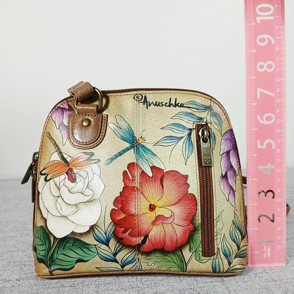 Anuschka Hand Painted Leather Floral Dragonfly Crossbody Bag Tan Small - Picture 8 of 15